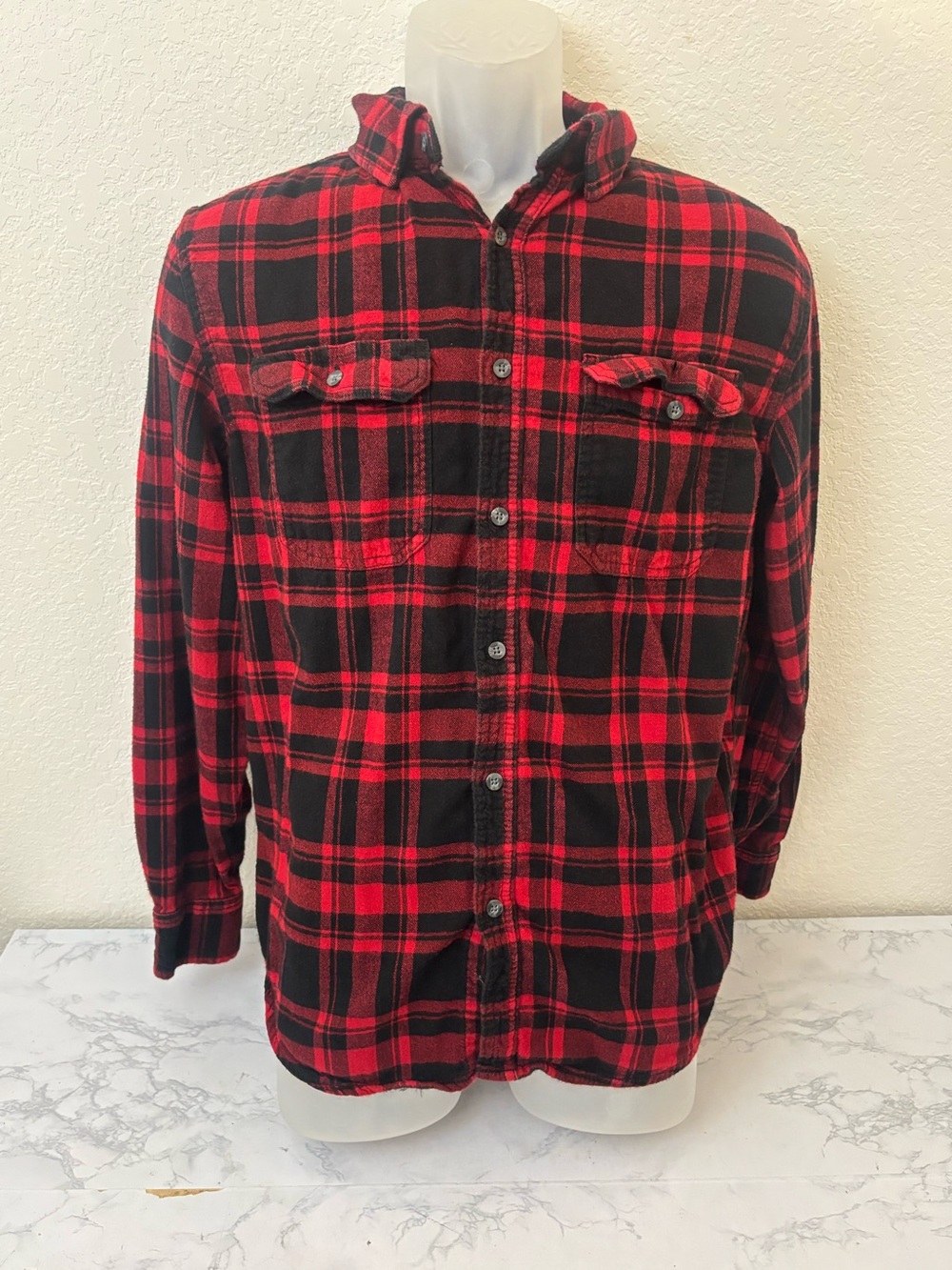 George Mens Shirt M 38-40 Red Black Plaid Flannel Button Down Lumberjack